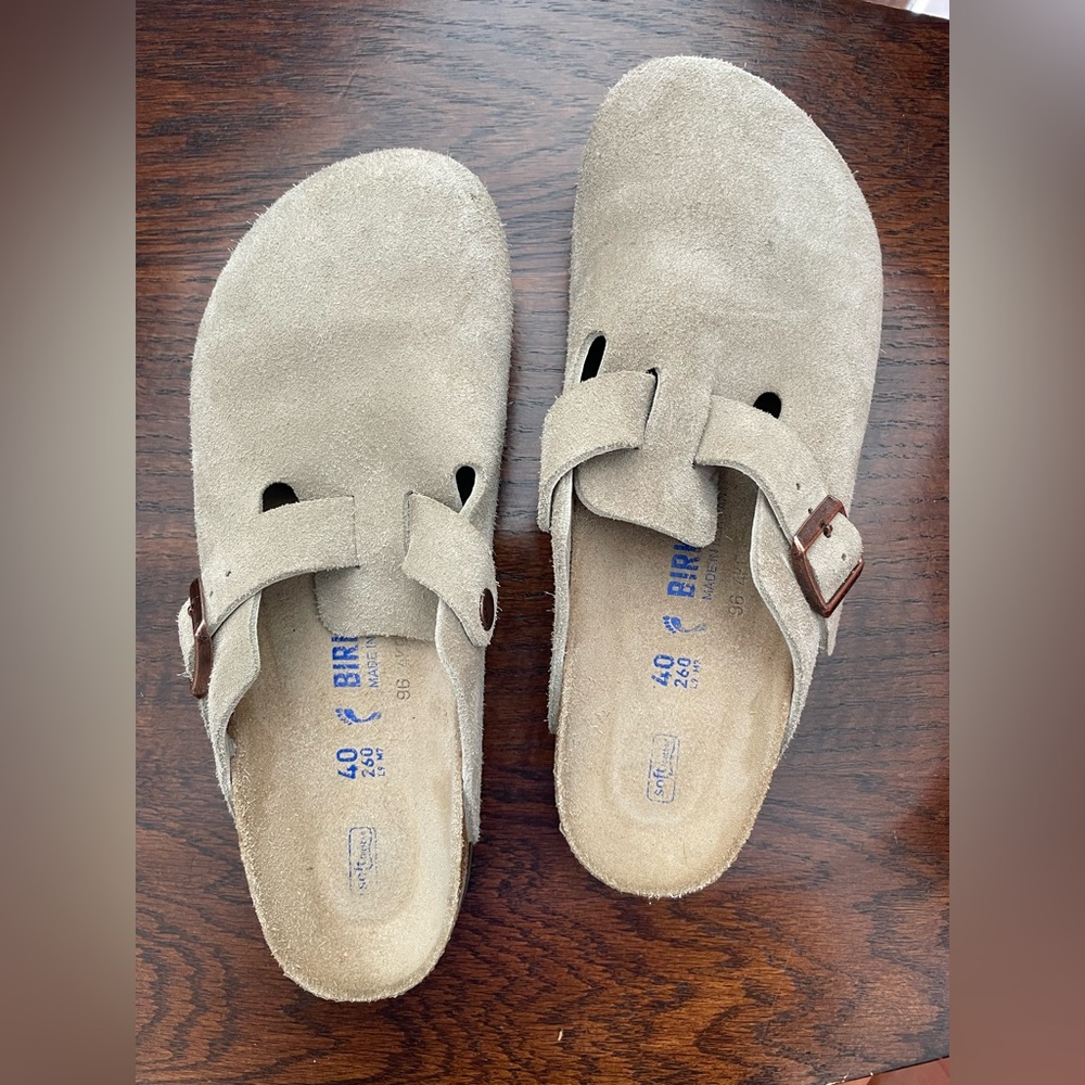 Birkenstock Boston Taupe Suede Sandals with Copper Buckle
